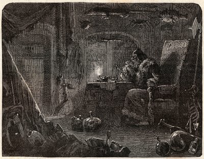 Alkemisti, joka on luvannut tehdä kultaa, työskentelee laboratoriossaan: Alkemisti 1600-luvulla - Nicolas Jules Henri Gourdon de Kennouillacin (1826-1898) "Paris a travers les cules" -kirjassa. tekijältä French School