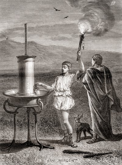 Antiikin kreikkalainen hydraulinen semaforijärjestelmä, jota Aeneas käytti viestin lähettämiseen, 4. vuosisadalla eKr., Les Merveilles de la Science, julkaistu noin 1870 (kaiverrus) tekijältä French School