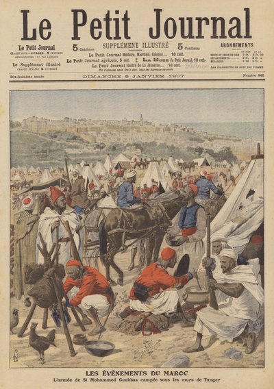 Mohammed Guebbasin armeija leiriytyi Marokon Tangerin muurien alle (väri litho) tekijältä French School