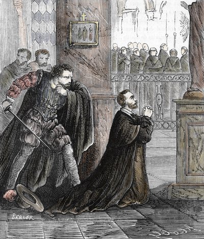 Inkvisiittori Pedro de Arbuesin (1441-1485) salamurha 17.9.1485 Zaragozan katedraalissa Espanjassa (espanjalaisen inkvisition virkamies Pedro de Arbues murhattiin Zaragozan La Seon katedraalissa vuonna 1485 väitetyssä juonessa keskustelee tekijältä French School