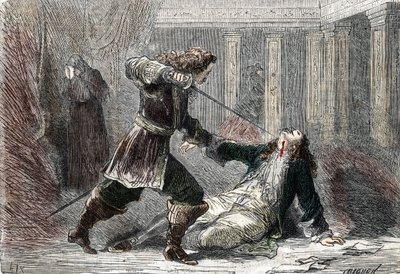 Ruotsin kuningatar Christinan (1626-1689) rakastajan markiisi Gianrinaldo Monaldeschin salamurha Fontainebleaun linnassa tekijältä French School