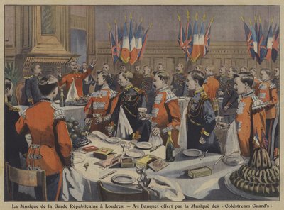 Ranskan tasavaltalaiskaartin yhtye osallistumassa Coldstream Guardsin yhtyeen isännöimään juhlaan Lontoossa (värilitho) tekijältä French School