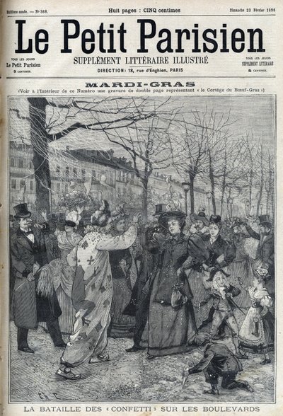 Konfettitaistelu Pariisin bulevardilla Mardi Grasin (Mardi-Gras) aikana. Kaiverrus "Le petit Parisien" tekijältä French School