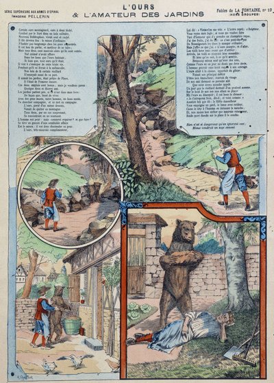 Karhu ja puutarhan rakastaja - Fables de La Fontaine Epinalin kuvissa tekijältä French School