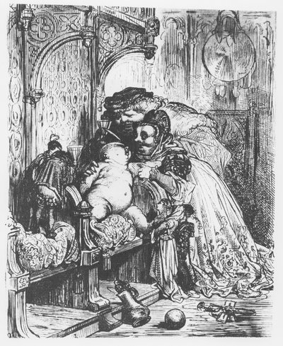 Pantagruelin syntymä, kuvitus teoksesta "Gargantua ja Pantagruel", François Rabelais (kaiverrus) tekijältä French School