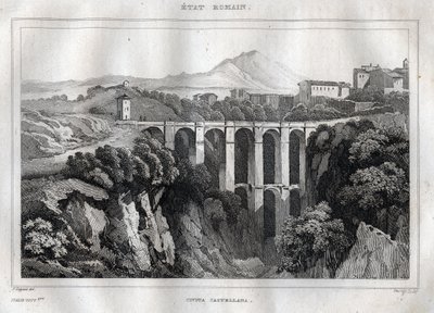 Sillalla on kaksinkertaiset pelihallit - CIVITA CASTELLANA - Viterbon maakunta - Italia - Kaiverrus aiheesta "" Italy Picturesque" - Historiallinen ja kuvaava maalaus Italiasta", M. de Norvins, Ch. Nodier 1834-1836. tekijältä French School