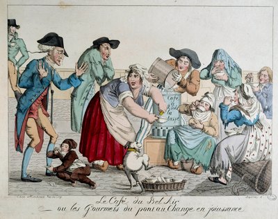 Café du Bel Air tai Pont au Changen gourmet nauttivat pariisilaisista ilman rahaa ja juovat kahvia aateliston peloissaan silmien edessä. Nimetön 1700-luvun printti. Pariisi, Musee Carnavalet tekijältä French School