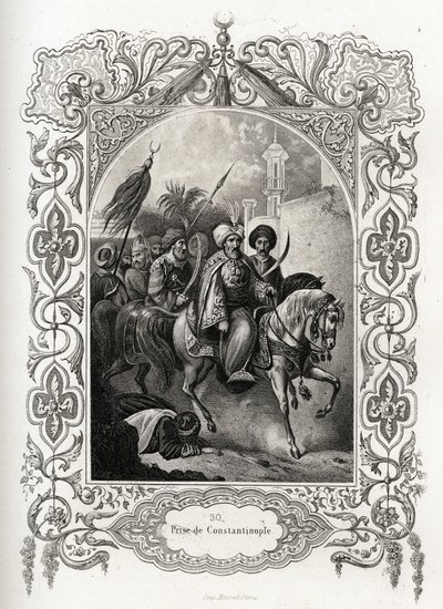Konstantinopolin valtaaminen vuonna 1453 ottomaanien joukkojen toimesta. Kaiverrus kuvittaa Maurice Lachatre (1814-1900) Histoire des popes -teosta, librairie du progres, Pariisi. tekijältä French School
