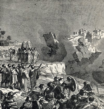 Jerikon valloitus, jonka aikana israelilaiset soittavat trumpettejaan kaupungin muurien alla, joihin pääsy on kielletty heiltä, Ce son fait fait les murs de la ville (Jerikon taistelu, israelilaisten ensimmäinen taistelu heidän valloittamisestaan) tekijältä French School