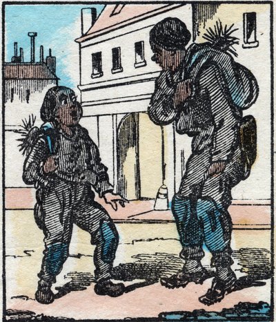 Nuohoaja. Kaiverrus "" La chanson des metier"". Epinaalinen kuvantaminen, 1800-luvun loppu. Yksityinen kokoelma tekijältä French School