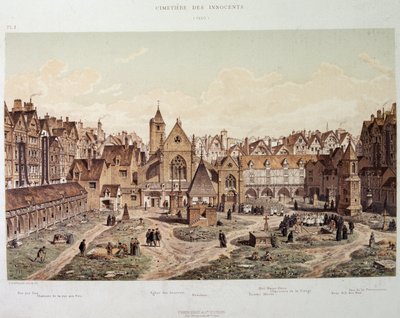 Viattomien kirkko ja hautausmaa vuonna 1550 - "Paris a travers les ages" 1800-luvun lopulla. tekijältä French School