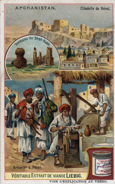 Afganistanissa sijaitsevan Heratin kaupungin kaupunki ja panssarit ja Shah Rukhin hauta. 1800-luvun kromolitografia. tekijältä French School