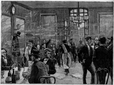 Kahvipojat laitoksessa Rue Montmartrella Pariisissa, "" Kuvitetussa maailmassa"" 1886. tekijältä French School