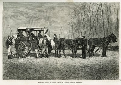 Kurssi tai ahkeruus preeriahevosella, piirros A. Dupuis, havainnollistamaan H. de Lamotten kertomusta matkasta Kanadaan ja pohjoiselle punaiselle joelle vuonna 1873. Kaiverrus kirjassa Le tour du monde tekijältä French School