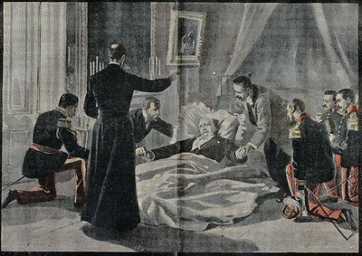 Ranskan presidentin Felix Fauren (1841-1899) kuolema, Abbe Renault, antoi hänelle anteeksiannon. Kaiverrus kirjassa "" Le Pelerin"" 26/02/1899. tekijältä French School