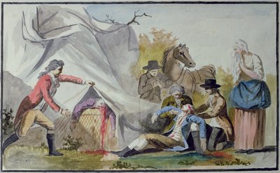 Francois Pilatre de Rozierin (1754-85) kuolema Boulognen lähellä 15. kesäkuuta 1785 yrittäessään ylittää kanaalin Mongolfiere-ilmapallolla tekijältä French School