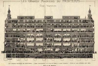 Printempsin tavaratalot vuonna 1889, pituusleikkaus Rue du Havresta Rue Caumartiniin, piirustus Berteault, Bianchetti-kokoelma. tekijältä French School