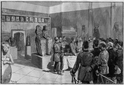 Gaston Masperon Sesostriksen (Rhamses II) muumion poisto Musee de Boulaqissa (Kairo, Egypti) khedive Tewfikin läsnä ollessa. Kaiverrus teokseen "Kuvallinen maailma" 1886. tekijältä French School