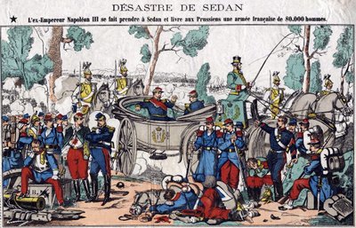 Sedanin katastrofi; Entinen keisari Napoleon III jää kiinni Sedanissa ja toimittaa preussille 80 000 miehen ranskalaisen armeijan, kuvana 1800-luvun selkärangasta. tekijältä French School
