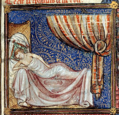 Unelma, yksityiskohta: Nukkuva rakastaja. Miniatyyri teoksessa "Le Roman de la rose", kirjoittanut Jean de Meun, Jean de Meung tai Jean Chopinel, Jean Clopinel (v.1240-1305), noin 1370. Chantilly, Musee Conde tekijältä French School