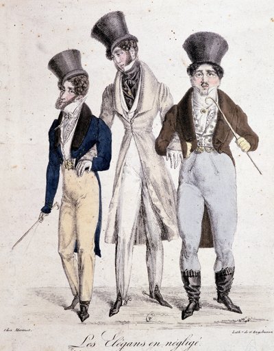 Elegantti laiminlyönnissä, kolme kotia pukumiehinä - litho tekijältä French School