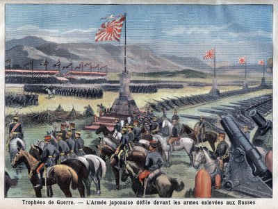 Japanin Venäjän konfliktin loppu, Japanin voittoisa armeija istuu Venäjän asekaappauksen edessä "Le Petit Parisienissa", 24.6.1906 (kaiverrus) tekijältä French School