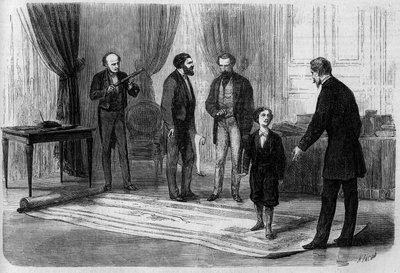 Insinööri Boutet esitteli suunnitelmansa rautatiesillasta Ranskan ja Englannin välillä keisari Napoleon III:lle (1808-1873) poikansa Prince Imperialin (1856-1879) läsnäollessa. tekijältä French School