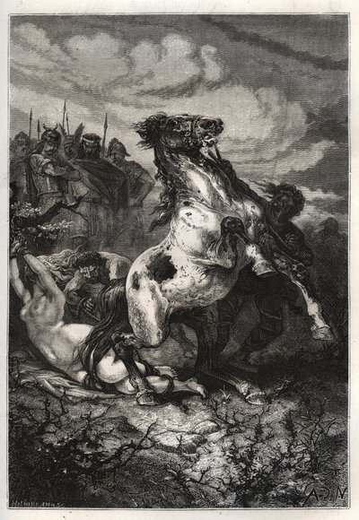 Austrasialaisen Brunhildan teloitus Chlothar II:n toimesta, 613 - Brunehautin (tai Brunehilden) kuolema, jonka määräsi Clotaire (Clothaire) II (613). kaiverrus tekijältä French School
