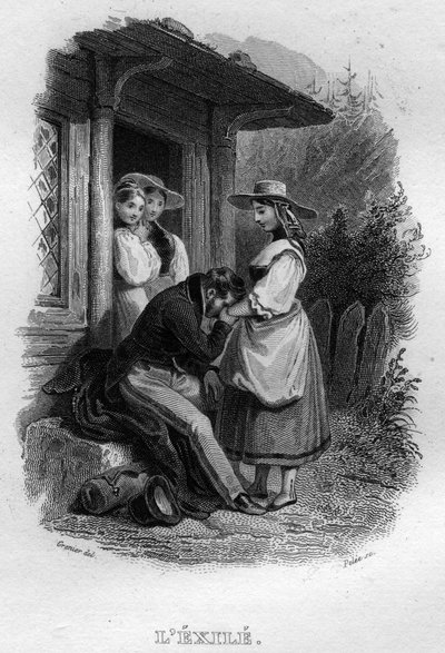 Pakolainen Chanson de Beranger ranskalaisen runoilijan ja lauluntekijän Pierre Jean de Berangerin (1780-1857) teoksessa ”Teokset valmistuvat” (1834). tekijältä French School