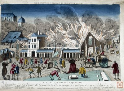 Pariisin St Germain -messujen tulipalo, yö 16. - 17. maaliskuuta 1762 - kaiverrus tekijältä French School