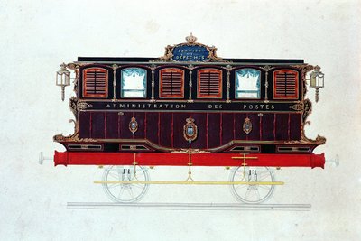 Ensimmäinen postipakettiauto Ranskassa, n. 1830-1848 (kynä & muste ja wc paperilla) tekijältä French School