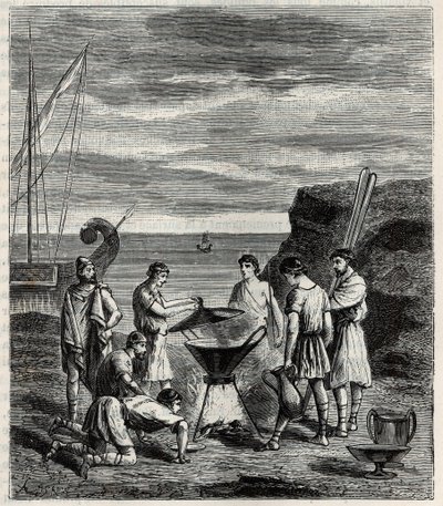 Ensimmäiset Kreikan saariston merenkulkijat saivat makean veden höyrystämällä merivettä - Kaiverrus "" Tieteet kaikkien saatavilla - Suosittu fysiikka ja kemia" Alexis Clerc - 1800-luvun loppu - Yksityinen kokoelma tekijältä French School