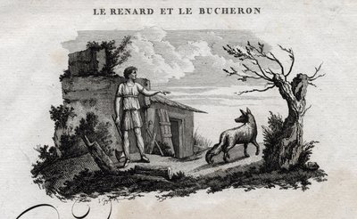 Kettu ja metsämies. Fable of Esope. (Kreikkalainen kirjailija Esopo tai Ecopus, 6. vuosisata eKr.) Kirjoittanut Guillaume Montfort ja Gravees Beauble vuonna 1801. tekijältä French School