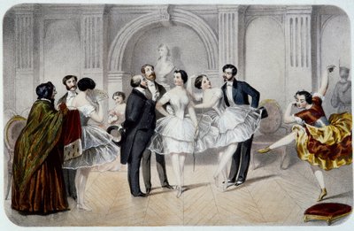 Oopperan aula (Opera Garnier Pariisissa). Tututanssija juttelemassa herrasmiesten kanssa, jotka tulivat tervehtimään heitä tai ottamaan muutaman askeleen tanssimaan. Kaiverrus tekijältä French School