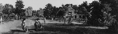 Carlton Housen puutarhat, Pall Mall, teoksesta "Jardins Anglo-Chinois: Details des Nouveaux Jardins a la Mode", kirjoittanut George Louis le Rouge, julkaistu n. 1770-87 (kaiverrus) (valkoinen kuva) tekijältä French School