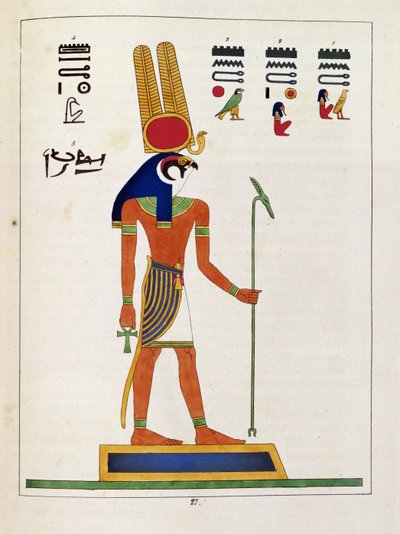 Mandou-jumala, kuvitus Egyptin Pantheonista: Jean-Francois Champollionin kokoelma mytologisia hahmoja muinaisesta Egyptistä, julkaistu noin 1986 tekijältä French School