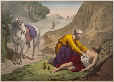 Laupias samarialainen, kuvitus katekismuksesta LHistoire Sainte, julkaisija Charles Delagrave, Pariisi, 1800-luvun loppu tekijältä French School