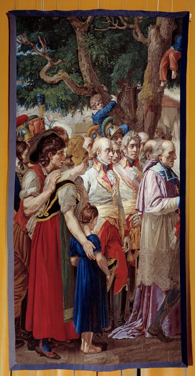 Wienin avainten luovutus Napoleon I:lle (1769-1821) Keisari palasi Itävallan pääkaupunkiin, jonka Fransois II Habsburg jätti autiolle 14.11.1805. Gobelins-pajan valmistama kuvakudos. 1815. Aurinko 3,35x1,72 m Malmaison, musee du chateau tekijältä French School