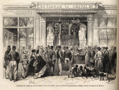 Hevosteurastaja Barbare de Fontainebleaussa (Pariisi) avattiin vuonna 1866 - teurastaja chevaline - Boucherie Meat de Cheval Boulevard Italia lähellä Fontainebleau