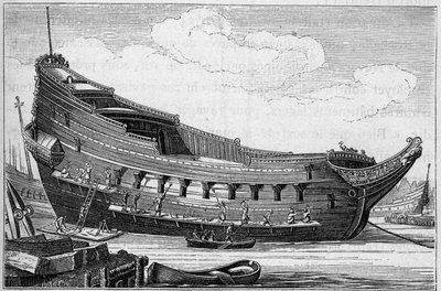 Suuren laivan runko 1600-luvulla. Kaiverrus kirjaan "La Marine et les colonies: commerce" tekijältä French School