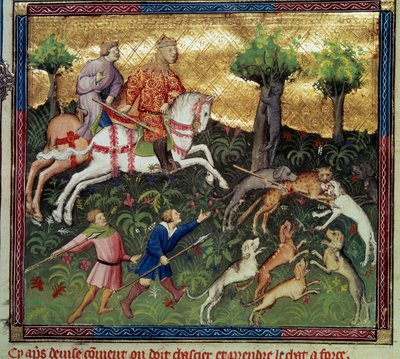 Villikissan metsästys Miniatyyri otettu "Metsästyksen kirjasta", jonka on kirjoittanut Gaston III Phoebus, Foixin kreivi, Lord of Bearn (1331-1391) tekijältä French School