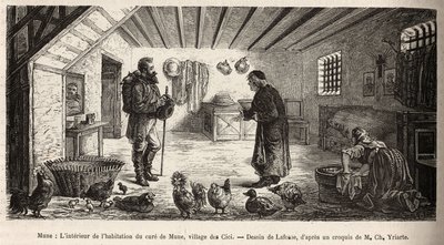 Les Cicin kylän Munen parannustalon sisustus, jossa kerroja isännöi päähuoneessa, jossa nainen pesee pyykkiä polvillaan, siipikarjan vieressä, joka elää siellä täysin vapaasti, kaiverrus piirustuksen mukaan. Lafosse kuvitus tekijältä French School