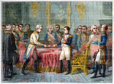 Erfurtin haastattelu, 27. syyskuuta - 14. lokakuuta 1808 - Napoleon I vastaanottaa paroni Vincentin, itävaltalaisen diplomaatin ja Itävallan keisarin Aleksanteri I:n Venäjän lähettilään oikealla (1777-1825) - Prinssien konventti Erfurtissa 27. syyskuuta 18 tekijältä French School