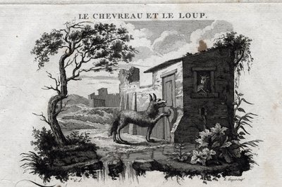 Lapsi ja susi. Fable of Esope. (Kreikkalainen kirjailija Esopo tai Ecopus, 6. vuosisata eKr.) Kirjoittanut Guillaume Montfort ja Gravees Beauble vuonna 1801. tekijältä French School