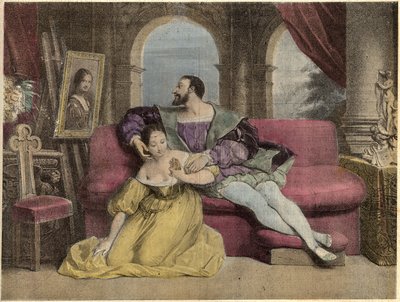 Ranskan kuningas Francois I (1494-1547) ja kauniit rautatyöt. Daverian litografia vuodelta 1838 teoksessa "" Laughs Et Galanterie"". Viikoittainen Galantes-kuvien kokoelma John Grand-Carteret