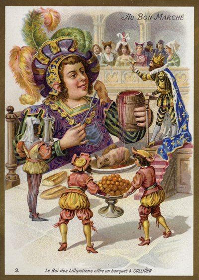 Lilliputtien kuningas järjestää juhlat Gulliverille (chromolitho) tekijältä French School