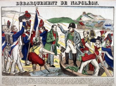 Maihinnousu lahdelle Juan: Napoleon I palasi Ranskaan 1. maaliskuuta 1815 Elban saarella vietetyn maanpaon jälkeen. Kuva Epinalista tekijältä French School