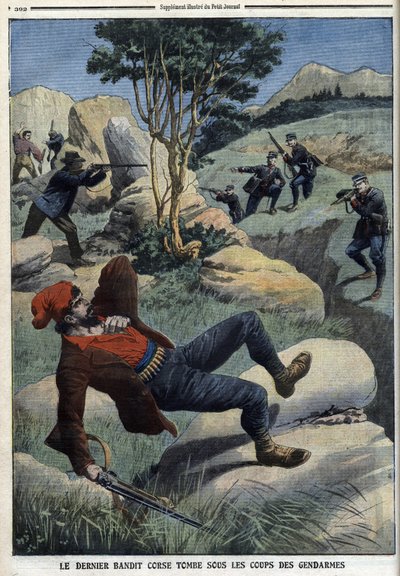 Viimeinen korsikan rosvo joutuu santarmien iskujen alle: ”Le Petit Journal”, 5. joulukuuta 1909 (kaiverrus) tekijältä French School