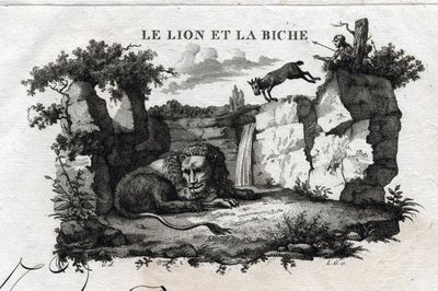 Leijona ja peura. Fable of Esope. (Kreikkalainen kirjailija Esopo tai Ecopus, 6. vuosisata eKr.) Kirjoittanut Guillaume Montfort ja Gravees Beauble vuonna 1801. tekijältä French School