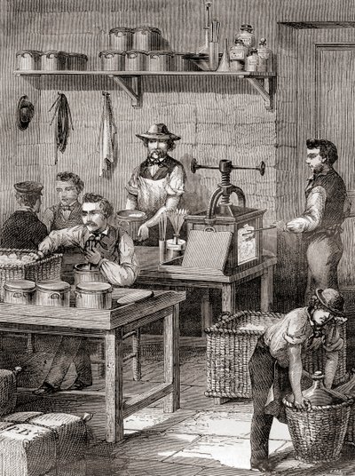 Asepuuvillan valmistus 1800-luvulla, Les Merveilles de la Science, julkaistu n. 1870 (kaiverrus) tekijältä French School
